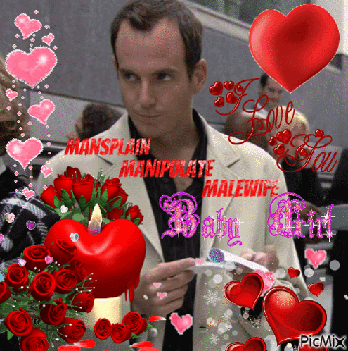 A Man In A White Jacket Is Surrounded By Red Hearts And Roses And Says Mansplain Manipulate GIF