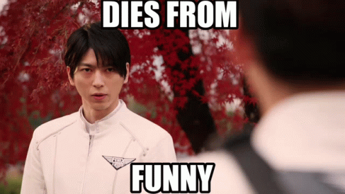A Man In A White Jacket Stands In Front Of A Tree With The Words Dies From Funny Written Above Him GIF