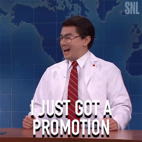A Man In A White Lab Coat And Red Tie Says I Just Got A Promotion GIF