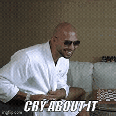 A Man In A White Robe And Sunglasses Is Sitting On A Couch With The Words Cry About It Written Below Him GIF