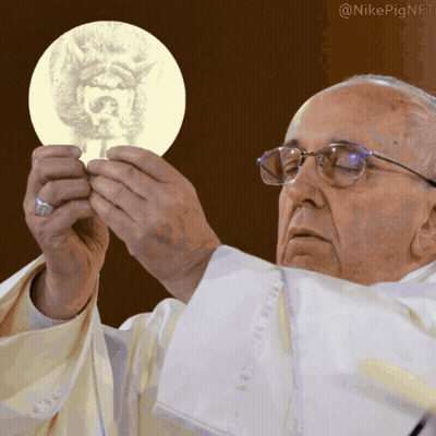 A Man In A White Robe Is Holding A Piece Of Paper With A Picture Of A Dog On It GIF