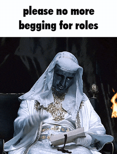A Man In A White Robe Is Reading A Book With The Words " Please No More Begging For Roles " Above Him GIF