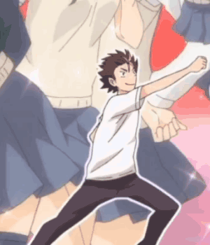A Man In A White Shirt And Black Pants Is Standing In Front Of A Group Of Girls . GIF