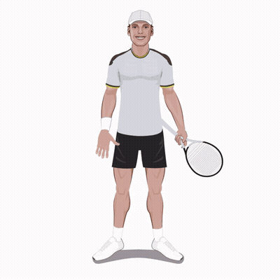 A Man In A White Shirt And Black Shorts Is Holding A Tennis Racket GIF
