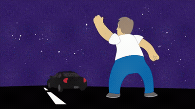 A Man In A White Shirt And Blue Pants Is Standing In Front Of A Car GIF
