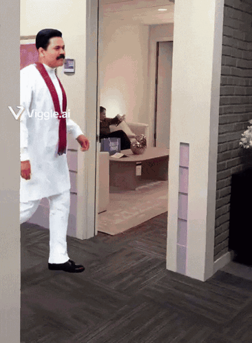 A Man In A White Shirt And Red Scarf Walks Through A Doorway With A Viggle.ai Watermark On The Bottom GIF