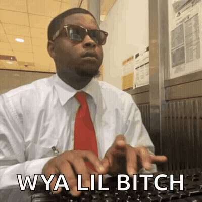 A Man In A White Shirt And Red Tie Is Typing On A Keyboard With The Words Wya Lil Bitch Written Below Him GIF
