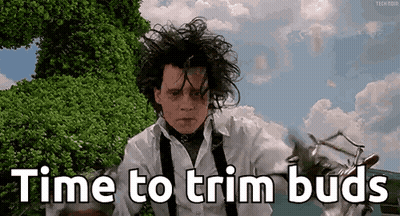 A Man In A White Shirt And Suspenders Is Holding Scissors And Says `` Time To Trim Buds '' . GIF