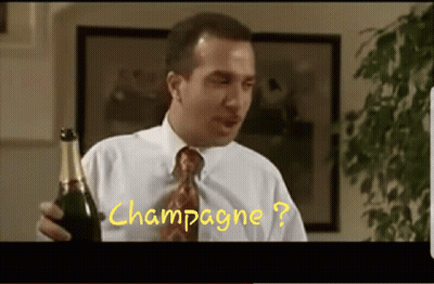A Man In A White Shirt And Tie Holds A Bottle Of Champagne In Front Of A Picture That Says Champagne GIF
