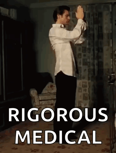 A Man In A White Shirt And Tie Is Dancing In A Living Room With The Words Rigorous Medical Above Him . GIF