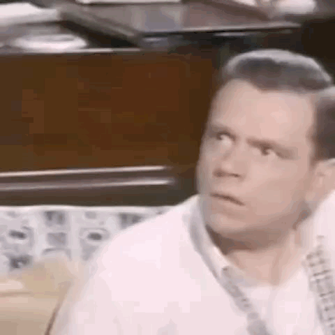 A Man In A White Shirt And Tie Is Sitting In Front Of A Piano And Making A Funny Face . GIF