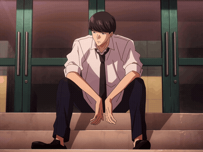 A Man In A White Shirt And Tie Is Sitting On A Set Of Stairs GIF