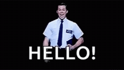 A Man In A White Shirt And Tie Is Standing In Front Of A Black Background With The Words `` Hello '' Written On It . GIF