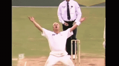A Man In A White Shirt And Tie Is Standing On A Cricket Field With His Arms In The Air . GIF