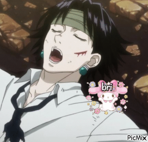 A Man In A White Shirt And Tie Is Yawning With A Picture Of My Melody Next To Him . GIF