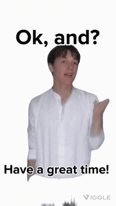 A Man In A White Shirt Is Dancing And Says Ok And Have A Great Time GIF