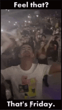 A Man In A White Shirt Is Dancing In Front Of A Crowd With The Words Feel That That 'S Friday Below Him GIF