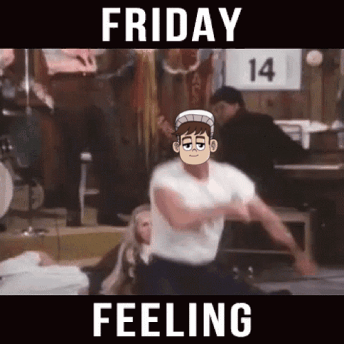 A Man In A White Shirt Is Dancing In Front Of A Sign That Says Friday Feeling . GIF