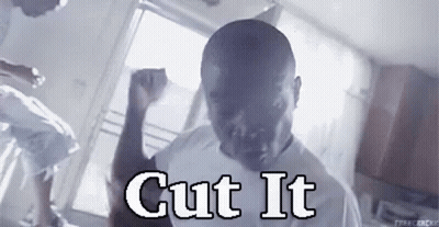 A Man In A White Shirt Is Flexing His Muscles And The Words Cut It Are Above Him GIF