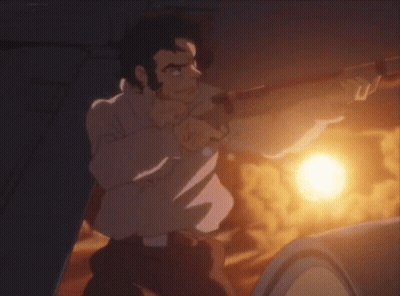 A Man In A White Shirt Is Holding A Gun In His Right Hand GIF