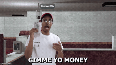 A Man In A White Shirt Is Holding A Stack Of Money And Saying Gimme Yo Money GIF