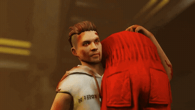 A Man In A White Shirt Is Holding Another Man In A Red Shirt .. GIF