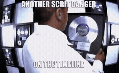 A Man In A White Shirt Is Looking At A Screen That Says " Another Scrit Banger On The Timeline " GIF