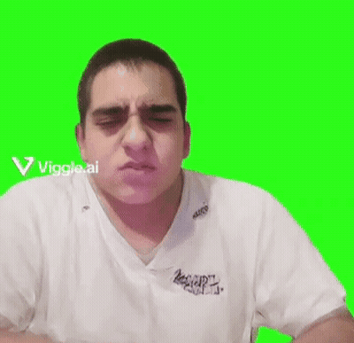 A Man In A White Shirt Is Making A Funny Face While Eating Something On A Green Screen . GIF