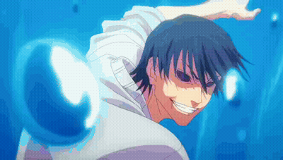 A Man In A White Shirt Is Smiling While Holding A Blue Ball In His Hand . GIF