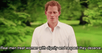 A Man In A White Shirt Is Standing In A Park With A Quote That Says Real Men Treat Women With Dignity And Respect They GIF