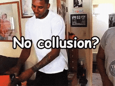 A Man In A White Shirt Is Standing In A Room With The Words " No Collusion " Written Above Him GIF