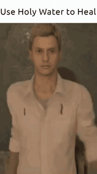 A Man In A White Shirt Is Standing In Front Of A Blackboard With The Words Use Holy Water To Heal Written On It . GIF