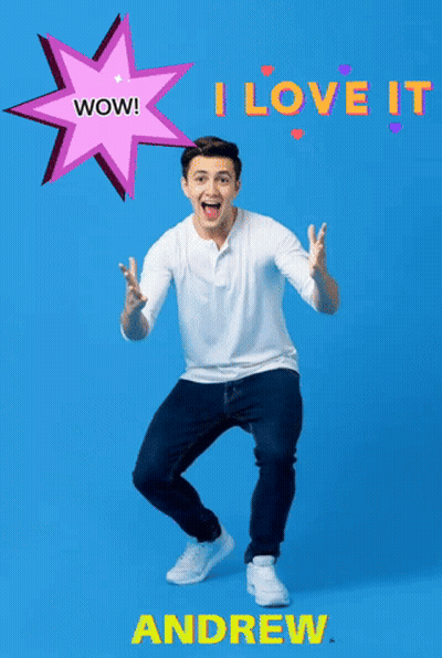 A Man In A White Shirt Is Standing In Front Of A Blue Background That Says I Love It GIF