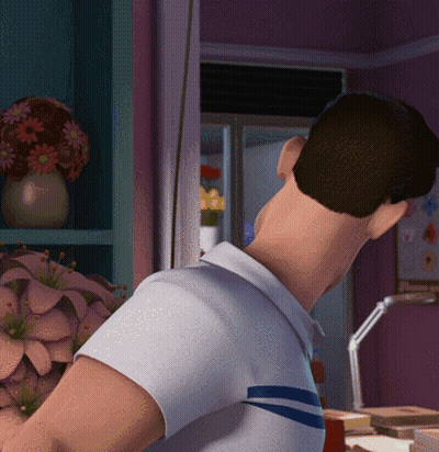 A Man In A White Shirt Is Standing In Front Of A Shelf With Flowers GIF