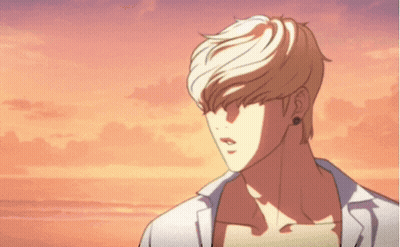 A Man In A White Shirt Is Standing In Front Of A Sunset Sky GIF