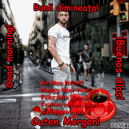A Man In A White Shirt Is Standing On A Street With A Cup Of Coffee In Front Of Him And The Words Buona Dimineata GIF