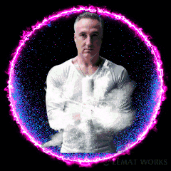 A Man In A White Shirt Is Surrounded By A Purple Circle That Says Lemat Works GIF