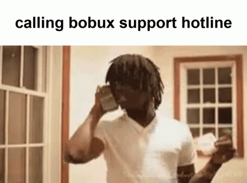 A Man In A White Shirt Is Talking On A Cell Phone With The Words Calling Bobux Support Hotline Above Him GIF