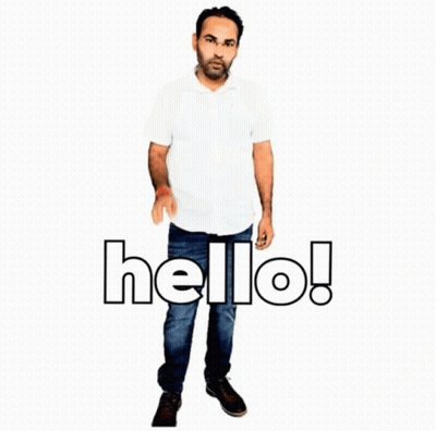 A Man In A White Shirt Is Waving His Hand In Front Of The Word Hello GIF
