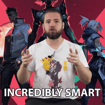 a man in a white shirt says incredibly smart in front of a video game character