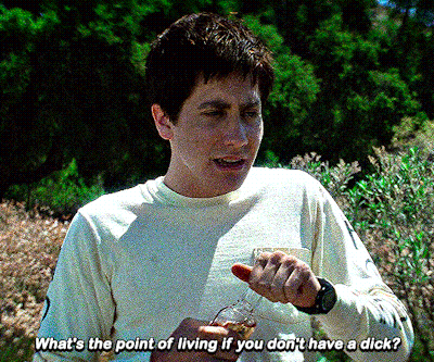 A Man In A White Shirt Says " What 'S The Point Of Living If You Don T Have A Dick " GIF
