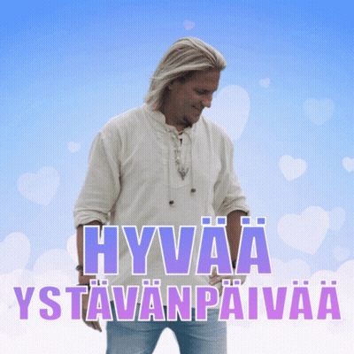 A Man In A White Shirt Stands In Front Of A Blue Background With Hearts And The Words Hyväa Ystävänpäiväa GIF