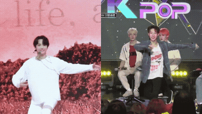 A Man In A White Shirt Stands In Front Of A Kpop Sign GIF