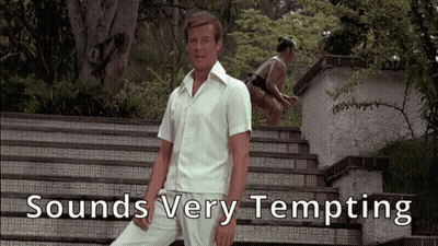 A Man In A White Shirt Stands On A Set Of Stairs With The Words Sounds Very Tempting Above Him GIF