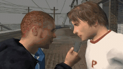 A Man In A White Shirt With The Letter P On It Is Talking To Another Man GIF