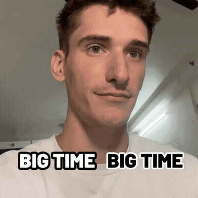 A Man In A White Shirt With The Words Big Time Big Time Above His Head GIF
