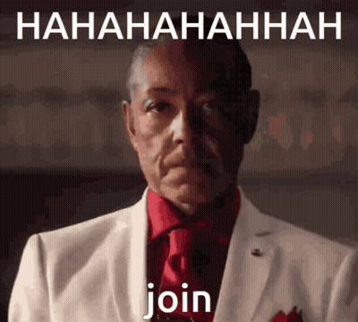 A Man In A White Suit And Red Tie Is Laughing With The Words Join Below Him GIF