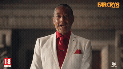 A Man In A White Suit And Red Tie Is Standing In Front Of A Far Cry 6 Advertisement GIF