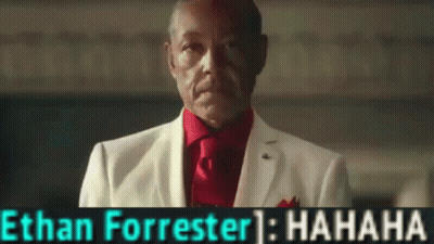 A Man In A White Suit And Red Tie With The Name Ethan Forrester On The Bottom GIF