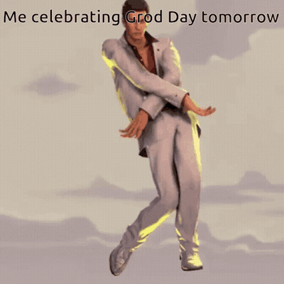 A Man In A White Suit Is Jumping In The Air With A Caption That Says Me Celebrating Grod Day Tomorrow GIF